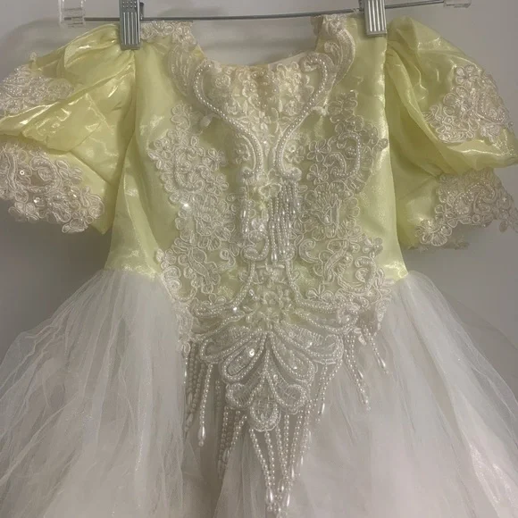 Vintage Kids Beaded Yellow and White Dress - Picture 3 of 12